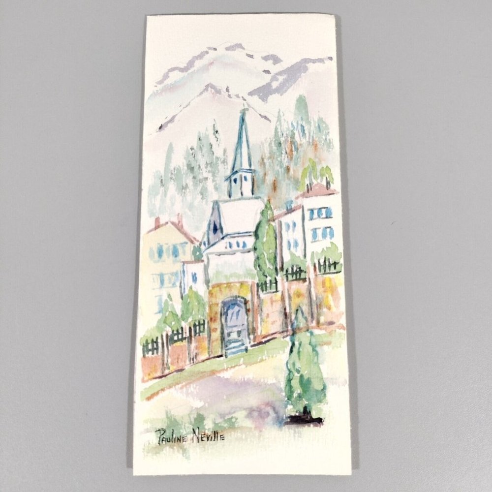 Countryside Church Mountains Pauline Neville Watercolor Pamphlet Print 9.75"x4"